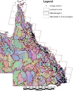 Sub-basins, within sub-bioregions and bioregions, overlay with stream gauge stations and Landsat scene extents.